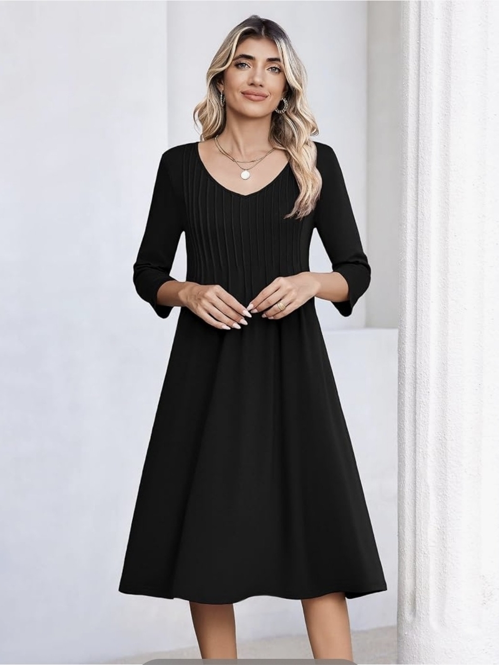 Elegant Black V-Neck Midi Dress - Women